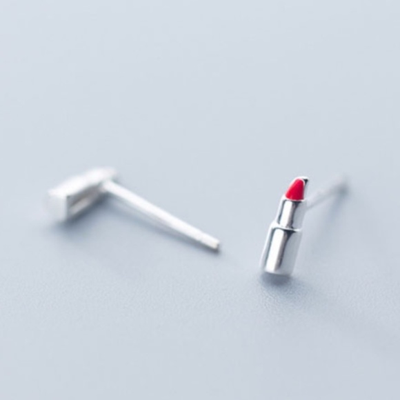 925 Sterling Silver Red Lipstick Stud Earrings - Picture 3 of 3